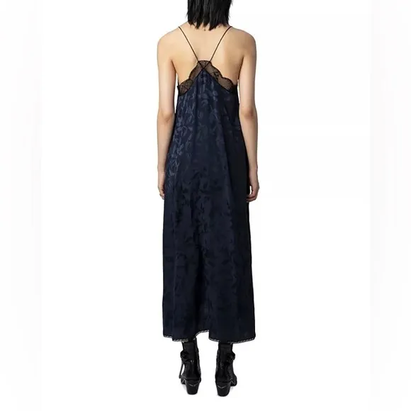 NEW ZADIG &amp; VOLTAIRE Maxi Dress Encre Blue Size M Risty Silk Jacquard Lace