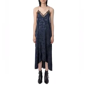 NEW ZADIG &amp; VOLTAIRE Maxi Dress Encre Blue Size M Risty Silk Jacquard Lace