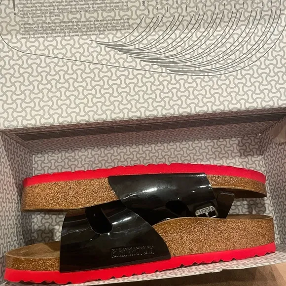 NIB Birkenstock Ibiza Patent Black, Red Sole Sandals, Womens 11 Mens 9, Narrow