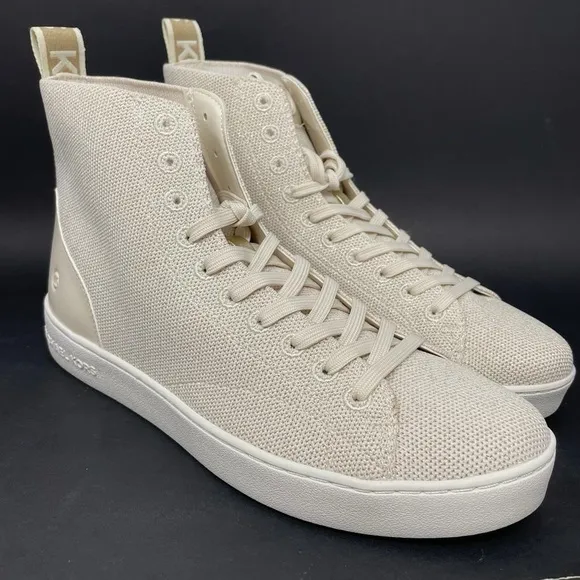 NIB Michael Kors Edie Knit Lace Up High Top Sneakers in Light Cream