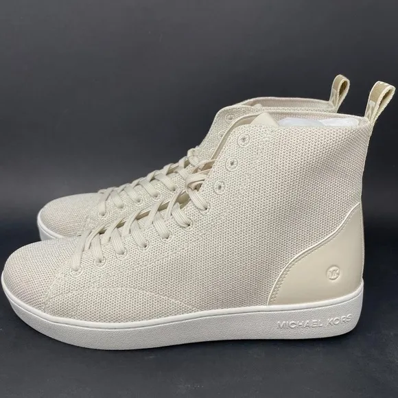 NIB Michael Kors Edie Knit Lace Up High Top Sneakers in Light Cream