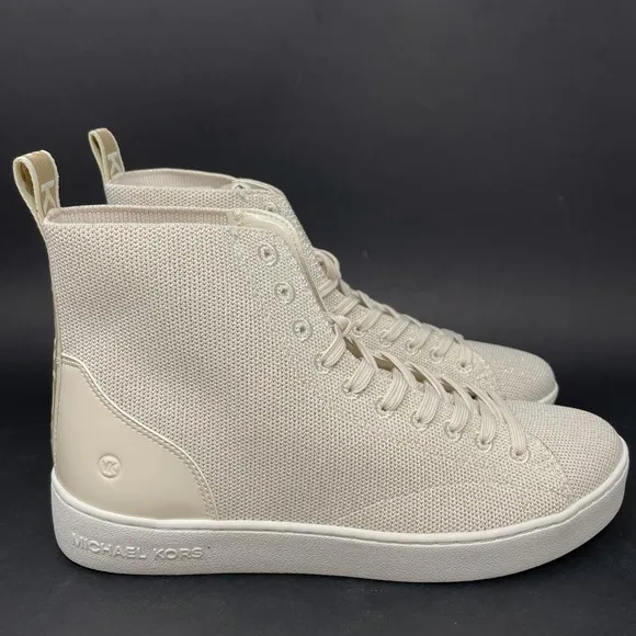 NIB Michael Kors Edie Knit Lace Up High Top Sneakers in Light Cream