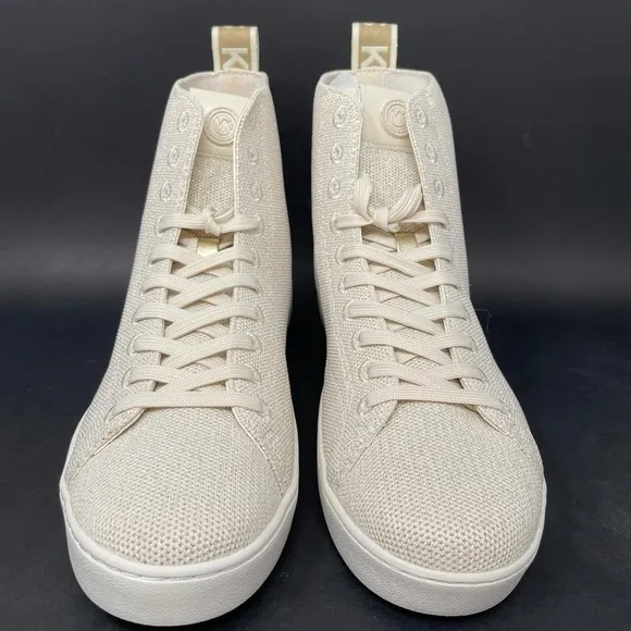 NIB Michael Kors Edie Knit Lace Up High Top Sneakers in Light Cream