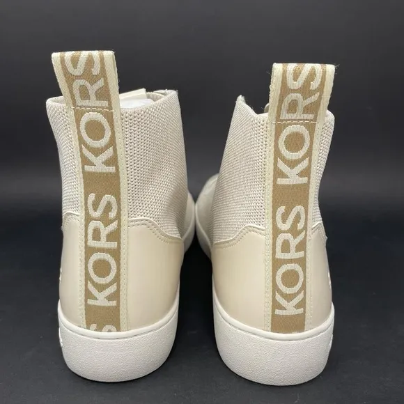 NIB Michael Kors Edie Knit Lace Up High Top Sneakers in Light Cream