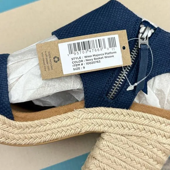 NIB Toms Majorca Rope Platform Block Heel Sandals 9 40 Navy Basket Weave