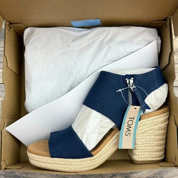NIB Toms Majorca Rope Platform Block Heel Sandals 9 40 Navy Basket Weave