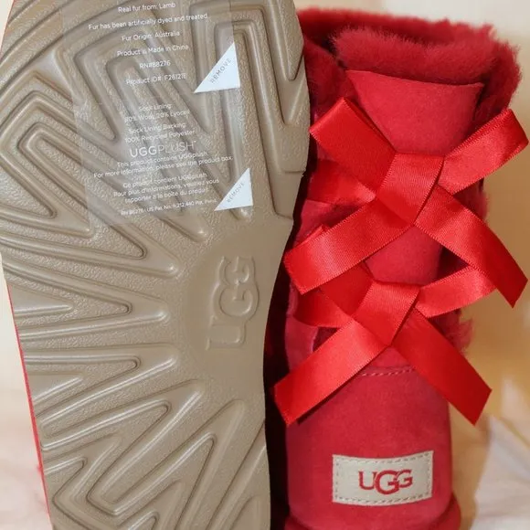 NIB‎ UGG GIRL'S BAILEY BOW SUEDE SHEARLING CLASSIC SHORT BOOTS RED