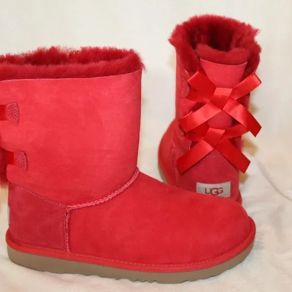 NIB‎ UGG GIRL'S BAILEY BOW SUEDE SHEARLING CLASSIC SHORT BOOTS RED