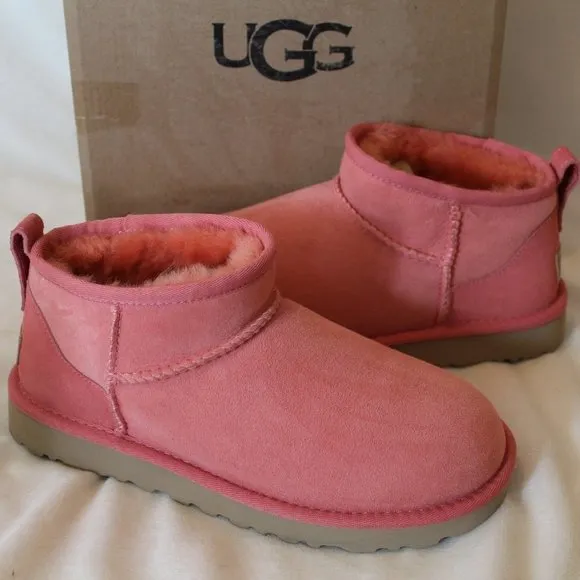 NIB UGG ULTRAMINI SUEDE SHEARLING BOOTS PINK‎