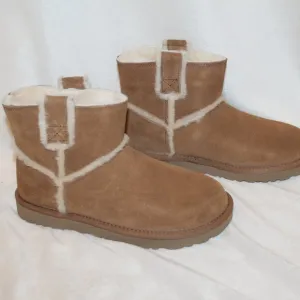 NIB UGG WOMEN'S CLASSIC MINI ANKLE SUEDE‎ SPILL SEAM BOOTS CHESTNUT