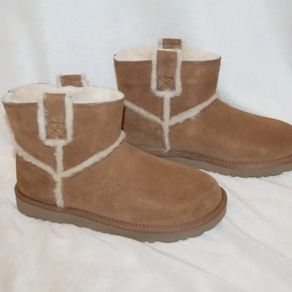 NIB UGG WOMEN'S CLASSIC MINI ANKLE SUEDE‎ SPILL SEAM BOOTS CHESTNUT