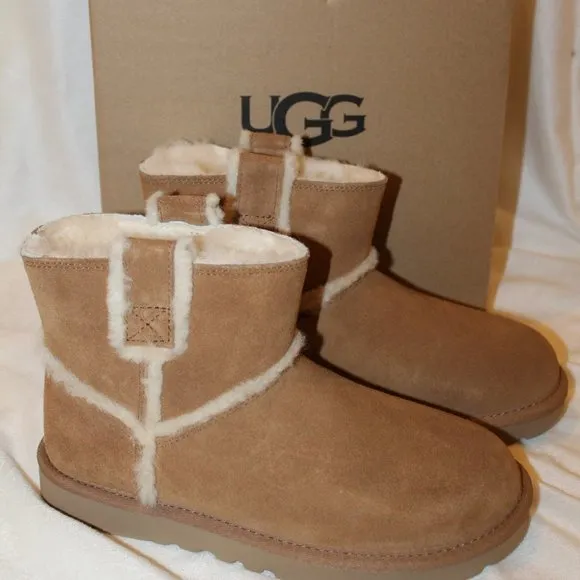 NIB UGG WOMEN'S CLASSIC MINI ANKLE SUEDE‎ SPILL SEAM BOOTS CHESTNUT