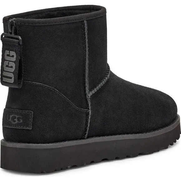 NIB UGG WOMEN'S MINI ZIP LOGO SUEDE‎ SHEARLING BOOTS BLACK
