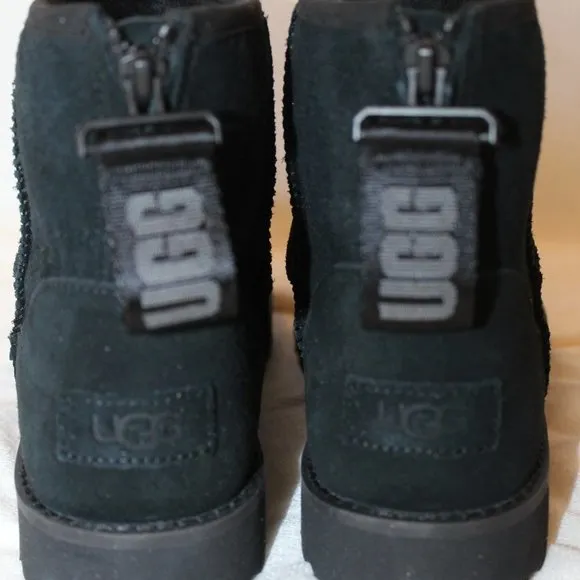 NIB UGG WOMEN'S MINI ZIP LOGO SUEDE‎ SHEARLING BOOTS BLACK