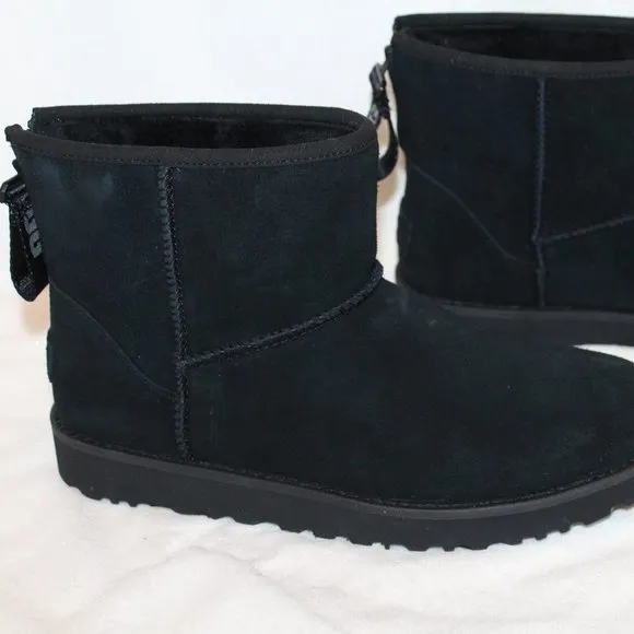 NIB UGG WOMEN'S MINI ZIP LOGO SUEDE‎ SHEARLING BOOTS BLACK