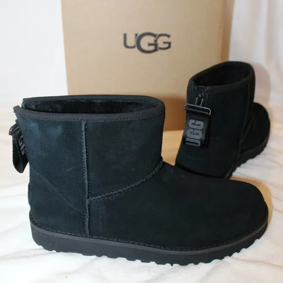 NIB UGG WOMEN'S MINI ZIP LOGO SUEDE‎ SHEARLING BOOTS BLACK
