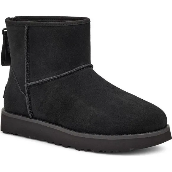 NIB UGG WOMEN'S MINI ZIP LOGO SUEDE‎ SHEARLING BOOTS BLACK