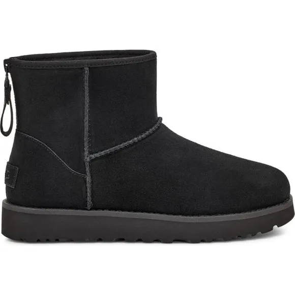 NIB UGG WOMEN'S MINI ZIP LOGO SUEDE‎ SHEARLING BOOTS BLACK