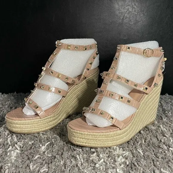 NIB Steven New York Cage Studded Espadrille Wedge Sandals