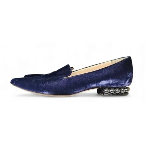 Nicholas Kirkwood velvet blue pointed toe faux pearls flats shoes EU39 US8.5