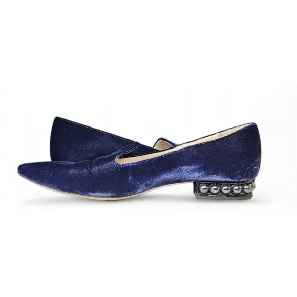 Nicholas Kirkwood velvet blue pointed toe faux pearls flats shoes EU39 US8.5