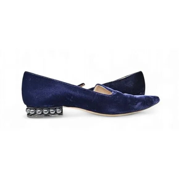 Nicholas Kirkwood velvet blue pointed toe faux pearls flats shoes EU39 US8.5