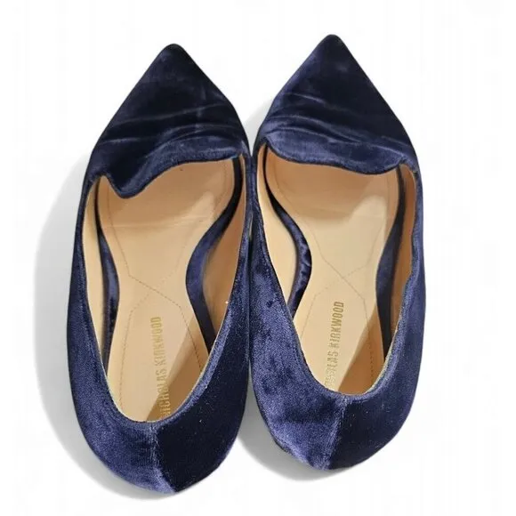 Nicholas Kirkwood velvet blue pointed toe faux pearls flats shoes EU39 US8.5