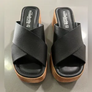 NILA &amp; NILA Made In Italy Leather Wedge Black Sandals-size 40-NWT