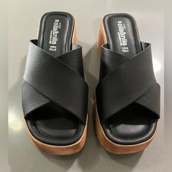 NILA &amp; NILA Made In Italy Leather Wedge Black Sandals-size 40-NWT
