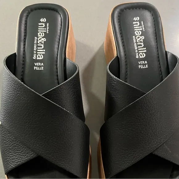 NILA &amp; NILA Made In Italy Leather Wedge Black Sandals-size 40-NWT