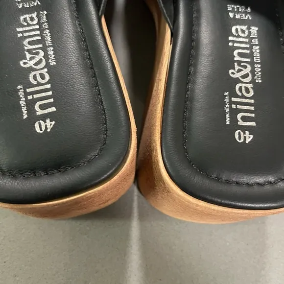 NILA &amp; NILA Made In Italy Leather Wedge Black Sandals-size 40-NWT