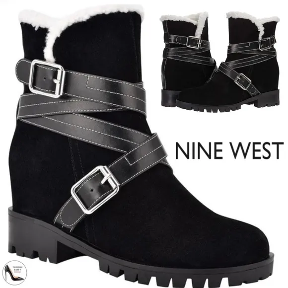 Nine West Davyd Wedge Buckle Booties Black Suede Leather Women's Winter Boot 8.5