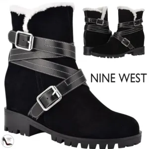 Nine West Davyd Wedge Buckle Booties Black Suede Leather Women's Winter Boot 8.5