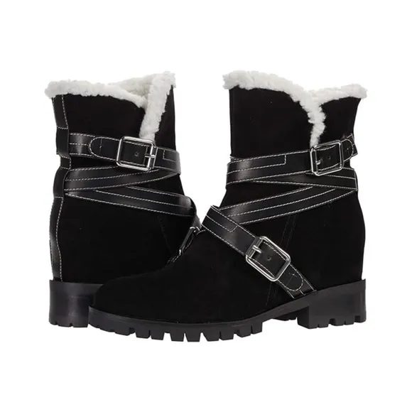 Nine West Davyd Wedge Buckle Booties Black Suede Leather Women's Winter Boot 8.5