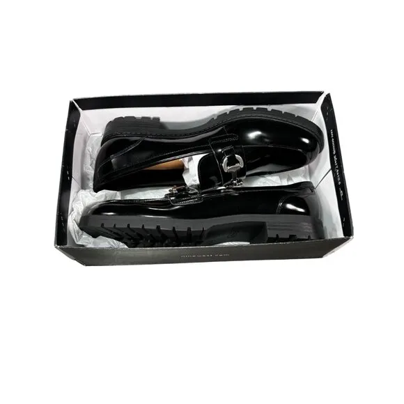 Nine West Newdale 3 Womens Black Patent Leather Loafers With Silver Chain Accent
