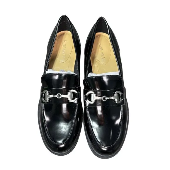 Nine West Newdale 3 Womens Black Patent Leather Loafers With Silver Chain Accent