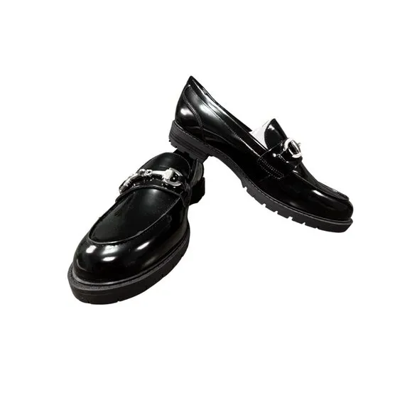 Nine West Newdale 3 Womens Black Patent Leather Loafers With Silver Chain Accent