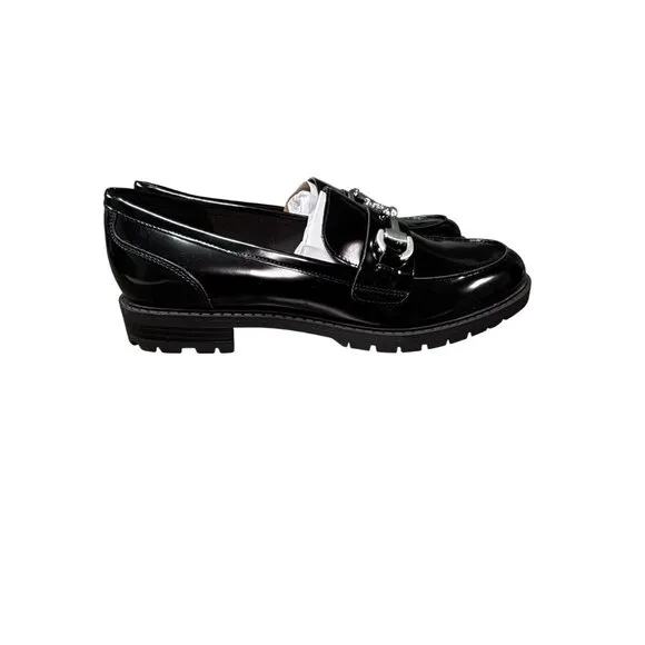 Nine West Newdale 3 Womens Black Patent Leather Loafers With Silver Chain Accent