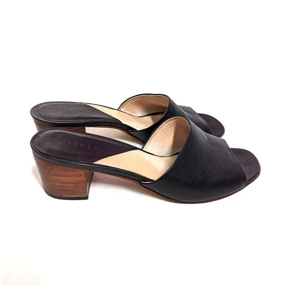 Nisolo Elizabeth Black Leather Slides Block Heel Sandals Open Toe 9.5 Preowned