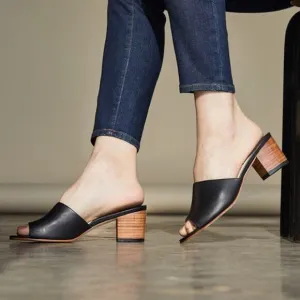 Nisolo Elizabeth Black Leather Slides Block Heel Sandals Open Toe 9.5 Preowned