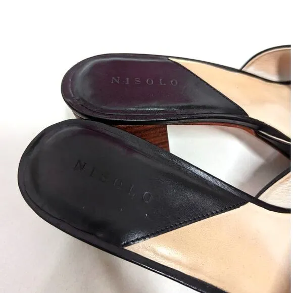 Nisolo Elizabeth Black Leather Slides Block Heel Sandals Open Toe 9.5 Preowned