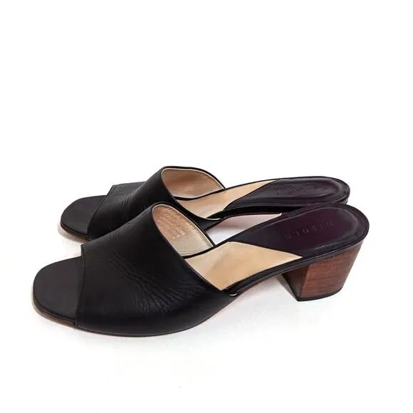 Nisolo Elizabeth Black Leather Slides Block Heel Sandals Open Toe 9.5 Preowned
