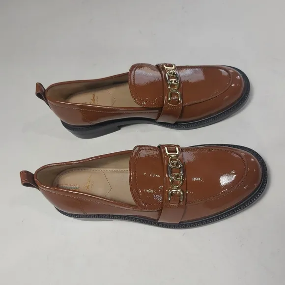 NWNT SAM EDELMAN Stylish Brown Loafers with Gold Chain 7.5M