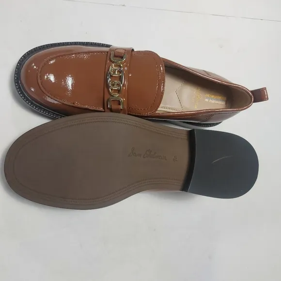 NWNT SAM EDELMAN Stylish Brown Loafers with Gold Chain 7.5M