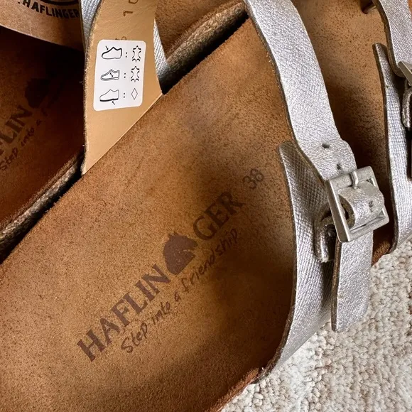 NWOB Haflinger Hedda Sandal Slide Toe Loop Metallic Silver Size Euro 38