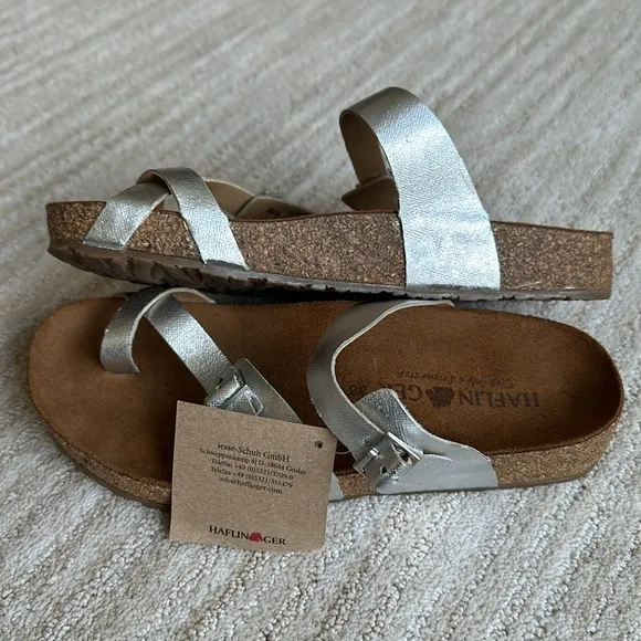 NWOB Haflinger Hedda Sandal Slide Toe Loop Metallic Silver Size Euro 38