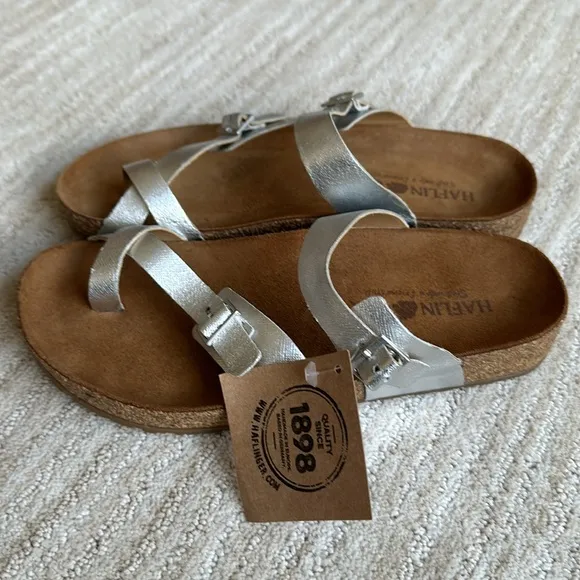 NWOB Haflinger Hedda Sandal Slide Toe Loop Metallic Silver Size Euro 38
