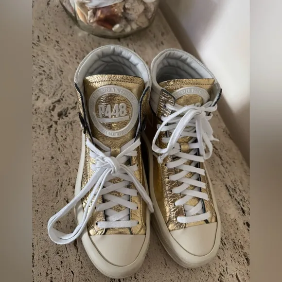 NWOB P448 Rail Tulum Metallic Leather High Top Retro Sneakers. MSRP $345
