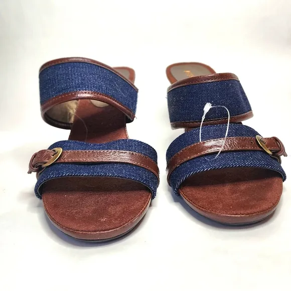 NWOT Aerosoles Trot About Denim and Leather Slide Style Heeled Sandals