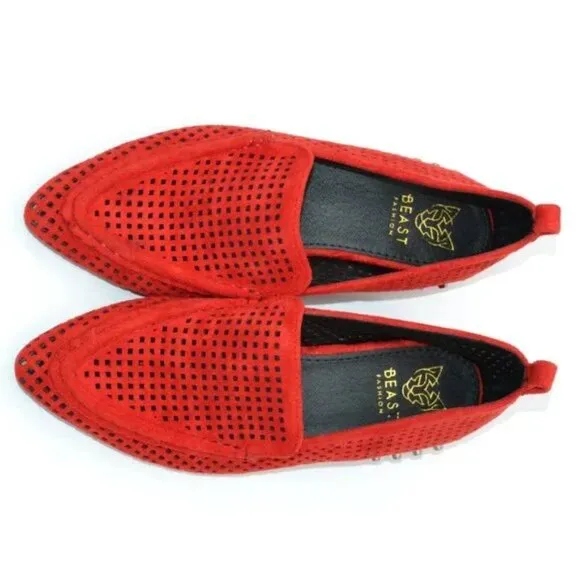 NWOT BEAST Christmas Holiday Red Silver Stud Soft Faux Leather Loafers Flats 6